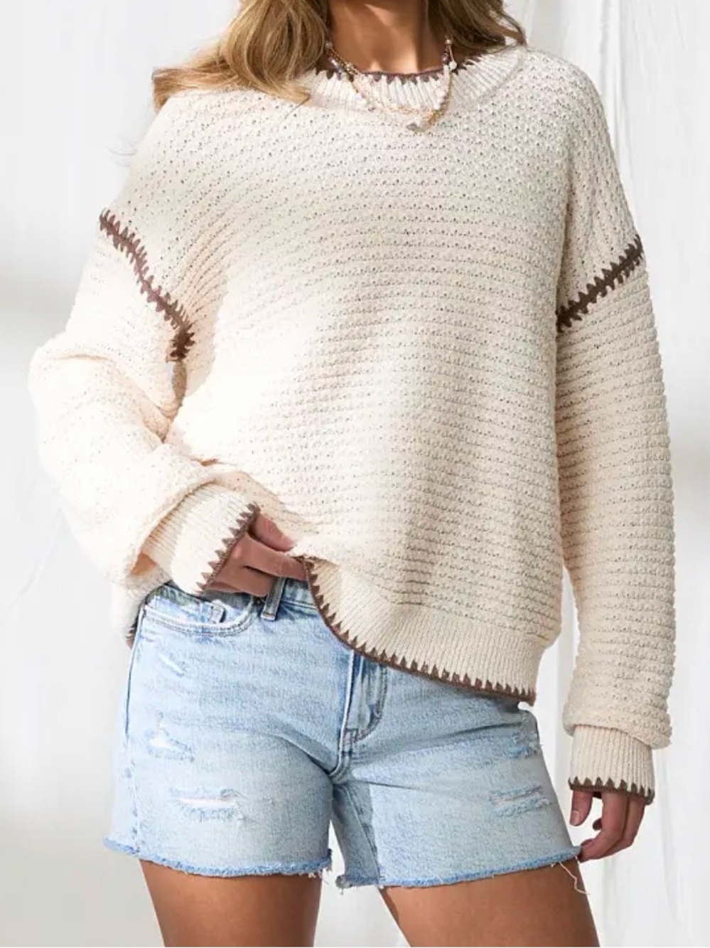 BKE Cream Crewneck Sweater with Brown Trim